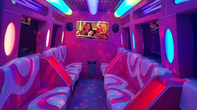 Interior of our pink Mercedes party bus